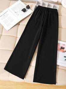 SHEIN Tween Girls' Casual Basic Minimalist Fleece Lined Ribbed Knit Relaxed Fit Wide Leg Sweatpants, Black Fall Winter