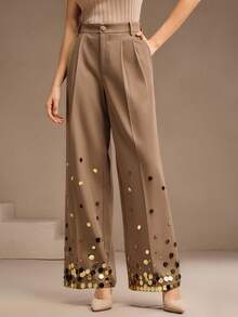 Anewsta High Waist Straight Leg Pants With Gradient Handmade Brown Sequin,Pockets,Summer,Elegant,Office,Work,Formal,Chic,New Year,Christmas,Graduation Pants - Khaki - View 5