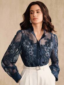 Anewsta Elegant Palace Style Fashion Pearl Decor Floral Collar Semi-Sheer Long Sleeve Blouse Top, Suitable For Spring, Summer, Festival, Graduation - Navy Blue - View 3