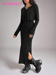 2 Stücke/Set Teenager Mädchen Gerippte Strick Jacke und Bodycon Trägerkleid Set