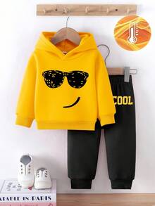 2pcs/Set Baby Boy Fashion Funny Expression & Sunglasses Print Hoodie Sweatshirt And Letter Print Fleece Sweatpants Outfit, Suitable For Outings In Autumn/Winter, Yellow Hoodie And Black Pants Set - Multicolor - View 3