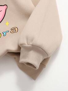 SHEIN 青少年女孩宽松休闲简约舒适圆领套头衫可爱卡通、水豚印花、可爱蝴蝶结动漫印花卫衣和豹纹喇叭裤套装，秋冬日常出游 - 卡其色 - 查看 6