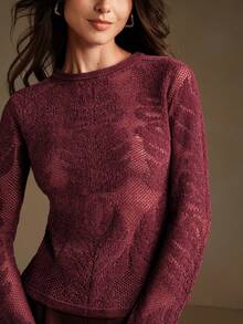 Anewsta Petite 小码女士圆领雪尼尔和欧根纱提花修身百搭上衣，秋冬款 - 酒紅色 - 查看 5