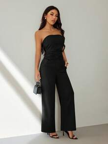 SHEIN PETITE Women's Simple Solid Color Tube Top And Suit Pants Set, Commuter Style, Summer - Black - View 5