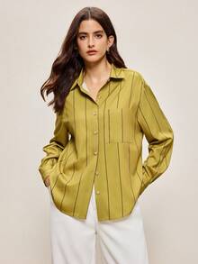 BizChic 2025 Autumn/Winter New Yellow-Green Striped Print Lapel Button-Front Women's Shirt, Modern Elegant Urban Business Casual Office Wear, Suitable For Dates, Parties, Outings, Airports, Romantic Country Music Concerts, Old Money Style, Korean Fashion, Airport, Wedding Guest, Birthday, Halloween, Christmas,Fall Tops Women Work Blouses Women Button Down Shirts Office Blouse Striped Shirt Women - Green - View 2
