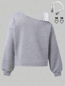 青少年女孩蝴蝶结印花不对称露肩不对称下摆休闲运动衫 - 灰色 - 查看 2