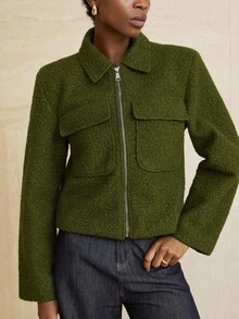 Aveloria Modichic Áo khoác động cổ lật hai túi dành cho nữ, tối giản và đa năng - màu xanh lá - Xem 2