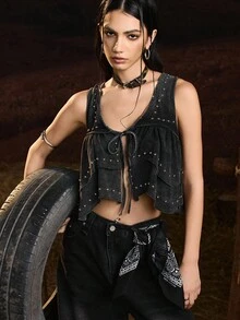 Easelle Camiseta de tirantes con decoración de cuentas y cordones, de moda para mujer, para el verano - Negro - Ver 3