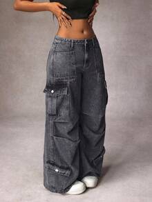 SHEIN PETITE Women's Solid Color Retro Casual Cargo Style Straight Leg Versatile Jeans - Grey - View 4