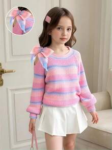 Tween Girls' Bow-Accent Sweaters Thick Long-Sleeve Loose Knit Pullovers Autumn/Winter School Everyday Pink And Purple Striped Cute - Pink - View 4