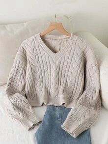 SHEIN كنزة صوفية نسائية محبوكة بتصميم الكيبل بياقة على شكل حرف V، بتصميم فضفاض وأكمام منتفخة، قصيرة محبوكة بأسلوب بسيط للخريف/الشتاء - رمادي - مشاهدة 3