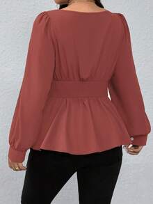 SHEIN LUNE Áo sơ mi tay dài cổ vuông màu trơn viền bèo nhún cỡ lớn, thường ngày cho dịp Giáng sinh, áo peplum - Gỗ đỏ - Xem 2