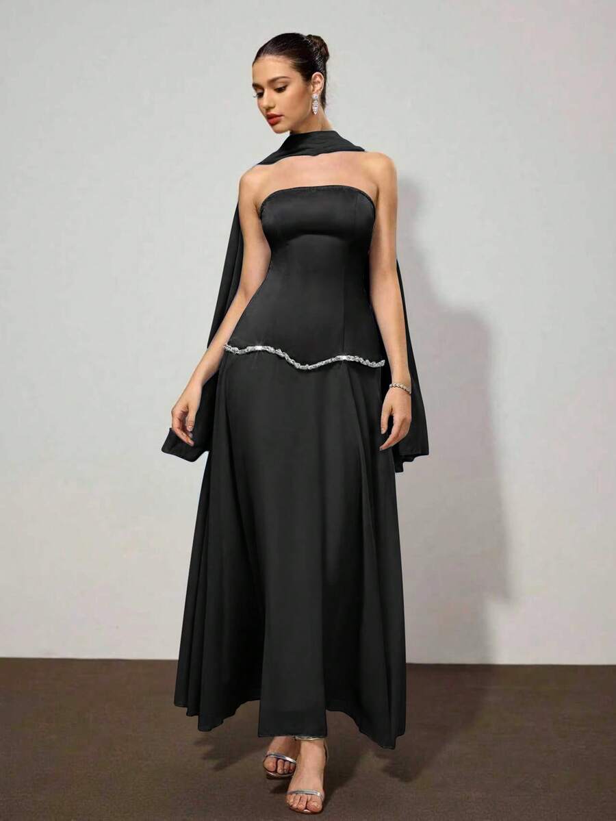 Coutiva 女士优雅水钻装饰晚礼服，夏季 - 黑色 - 查看 1