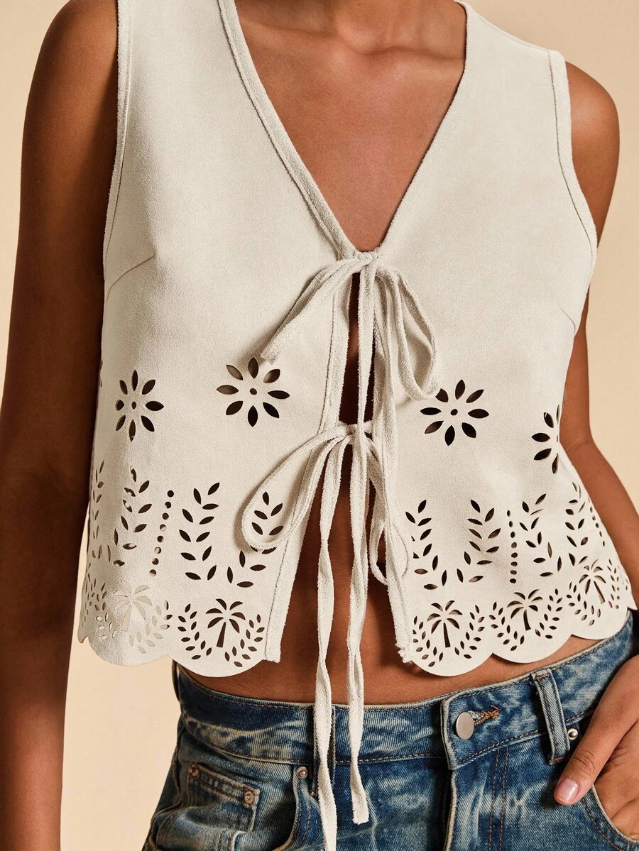 Travachic 纯色针织无袖短款女式夹克 - 杏色 - 查看 1