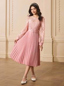 少女圆领长袖蕾丝拼布褶皱优雅派对连衣裙，适合万圣节、圣诞节 - 粉色 - 查看 4