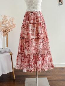 Soleia Women's Allover Print Ruffle Hem Casual Vacation Skirt Bohemian Skirt Long Summer Skirt Long Floral Skirt Tiered Maxi Skirt