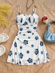 Soleia 女士夏季度假蓝白花卉网眼吊带裙 - 藍白色 - 查看 3