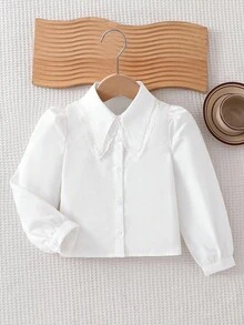 BASICS 年轻女孩休闲百搭舒适泡泡袖翻领宽松纯色梭织衬衫 - 白色 - 查看 5