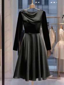 GlowEve Women's Round Neck Long Sleeve Pleated Waist Elegant Dress Fall Cloth For Women - Black - View 1