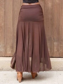 Yess Loren Damen einfarbiger plissierter Mesh-Schlitzrock mit A-Linie Saum