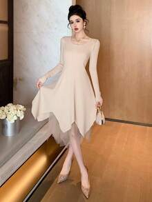 DAZY Women's Autumn Patchwork Asymmetrical Hem Waist Cinched Sweater Dress