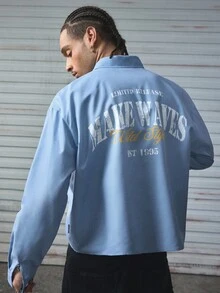 AXEPEAK 休闲街头宽松短款长袖男士衬衫，秋季 - 霧霾藍 - 查看 1