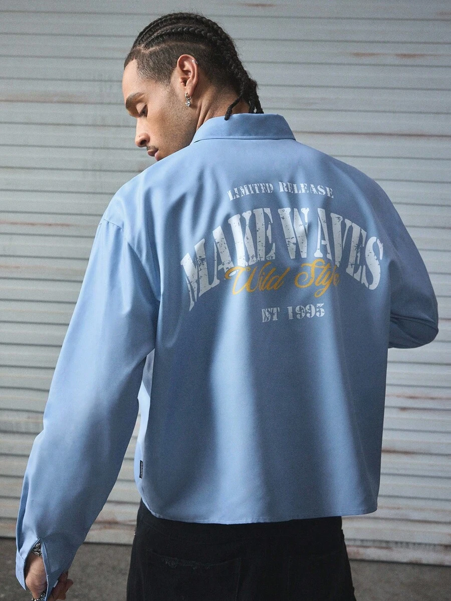 AXEPEAK 休闲街头宽松短款长袖男士衬衫，秋季 - 霧霾藍 - 查看 1