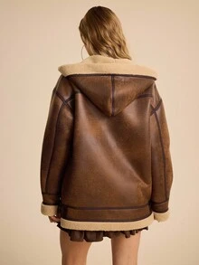 ROMWE EDITION Hippie Vintage Hooded Faux Fur Lamb Wool Soft Faux Fur Women Jacket - Coffee Brown - View 2