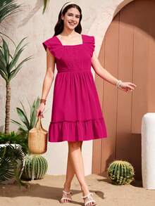 Teen Girls Shirred Bodice Ruffle Hem Dress - Hot Pink - View 5