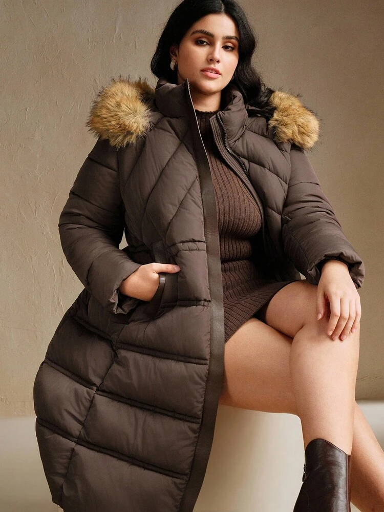 Jaqueta Longa e Grossa de Couro PU com Gola de Pele Sintética Falsa, Bolsos e Colarinho Reto, Ajuste Slim, Adequada para Outono/Inverno, Natal, Ano Novo, Festa, Elegante, Luxuosa, Formal, Chique, Tamanhos Plus Size para Mulheres