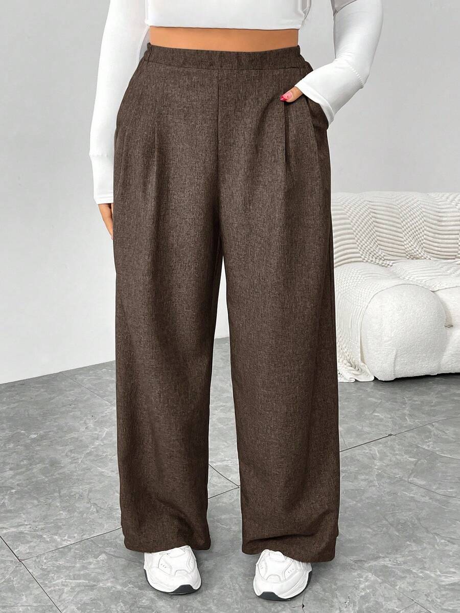 SHEIN Essnce Pantaloni larghi in vita elastica casual e comodi di moda per donne taglia forte in autunno e inverno, pantaloni da donna, pantaloni da lavoro, outfit autunnali, stile old money, pantaloni vintage, pantaloni curvy