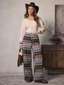 LanaWest Women's Unique Pattern Loose Draping Thick Fleece Palazzo Pants, Christmas - Multicolor - View 4