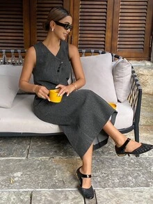 DAZY Women's Casual V-Neck Sleeveless Asymmetric Midi Dress, Solid Color, Autumn