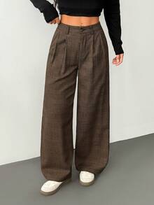 SHEIN PETITE Casual Vintage Pleated Plaid Suit Pants, Autumn And Winter Graduation,Back To School,Teacher Outfits For Women Baggy - Coffee Brown - View 7