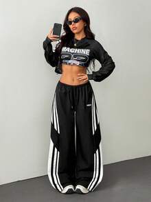 SHEIN PETITE Pantalones de paracaídas con bloques de color para mujer, pantalones cargo para primavera y verano, ropa de calle y salir - Negro - Ver 8