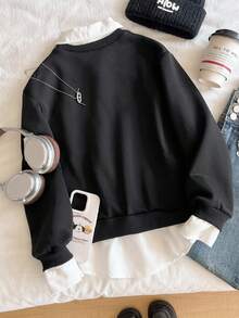 Áo nỉ cổ trắng tương phản màu đen cho bé gái tuổi teen, thời trang đa năng với thiết kế in hình ngực, viền và cổ tay bo gân, thích hợp cho các buổi đi chơi mùa thu/đông, du lịch, mua sắm, có thể kết hợp với quần nỉ, quần jean, áo khoác - màu đen - Xem 2