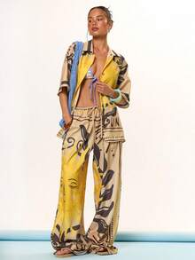 MUSERA 印花太阳图案纽扣短袖衬衫，适合度假、节日、休闲、优雅的托斯卡纳阳光海滩度假、伊比沙岛之旅，以及春夏穿着。 - 巧克力棕 - 查看 5