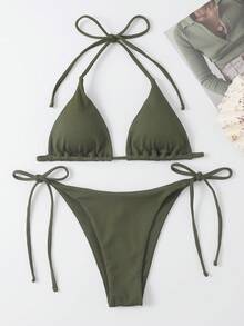Swim Basics Summer Beach Mono Bikini Set Halter Triangle Bra & Tie Side Bottom 2 Pieces Bikini - Army Green - View 6