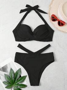 Swim Basics Summer Beach Solid Bikini Set Twist Front Push Up Bra & Cheeky Bottom 2 Piece Bathing Suit - Black - View 4