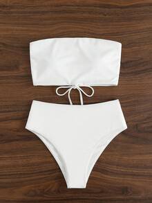 Swim Basics Bãi biển mùa hè Sườn-Đan Bikini Set Ren Up Bandeau Áo Bra Top & Bikini Eo Cao Đáy 2 Mảnh Bikini - trắng - Xem 2