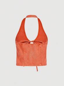 SHEIN MOD Women's Casual Tie-Up Halter Neck Denim Blouse Halloweenwomen Costumes