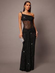 Silquee 女式不对称领口透视镂空长裙，性感纯黑色，低腰，秋冬 - 黑色 - 查看 4