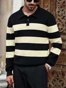 Manfinity Bizformal Men's Contrast Stripe Drop Shoulder Long Sleeve Half-Zip Fashionable Versatile Knit Sweater, For Fall Winter - Black and White - View 4