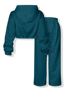 INAWLY Women's Solid Color Zip Front Hoodie And Pants Casual 2 Pieces Set, Autumn - Teal Blue - View 2