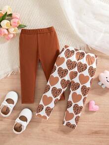 SHEIN 2 件套女婴休闲日常可爱心形豹纹印花裤，春夏季 - 彩色 - 查看 2