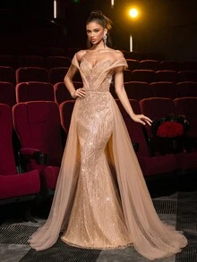 Glamrae Elegant Luxurious Beaded & Sequin Floral Off Shoulder Sleeve Design Mermaid Maxi Dress With Flared Hem, Suitable For Weddings, Parties, Vacations, Galas, Formal Events (Heavy Embellishment)S For Gala Night Gown - Champagne - View 7