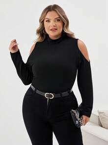 SHEIN CURVE+ Casual Simple Slim Cold Shoulder Plus Size Turtleneck T-Shirt, Autumn/Winter - Black - View 8