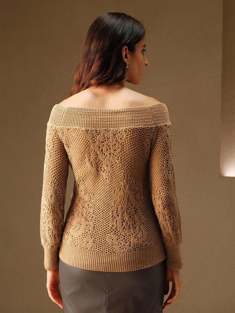 Autumn/Winter Off Shoulder Khaki Chenille Hollow-Out Jacquard Knit Top
