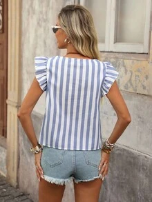 Brillora Striped Ruffle Trim Blouse - Blue and White - View 3