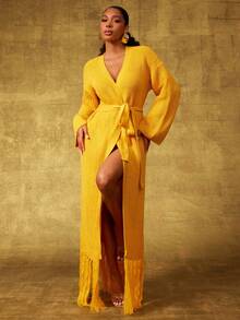 Vixey Áo khoác cardigan dài tua rua viền rộng thùng thình - Màu vàng - Xem 5